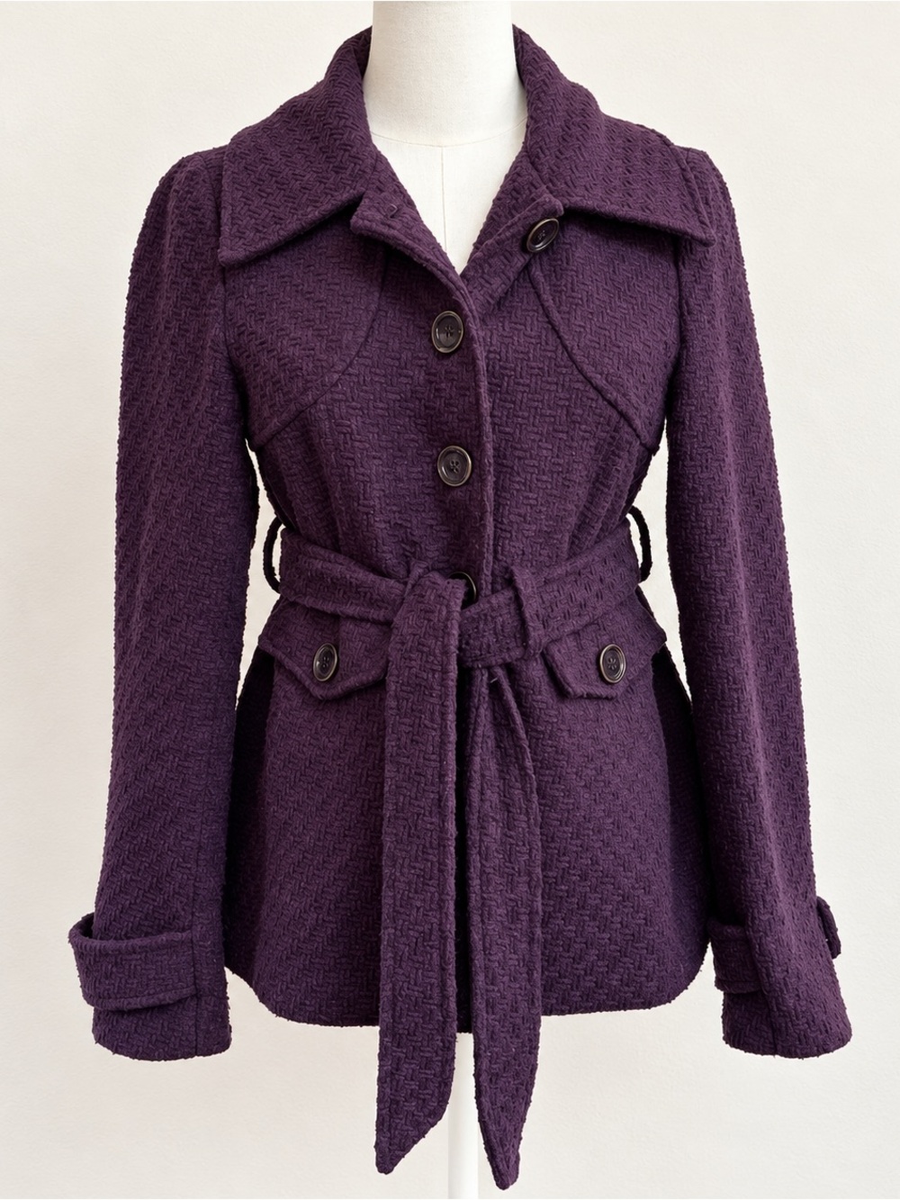 Tulle Wool Blend Belted Coat Small Purple Plum Tweed
